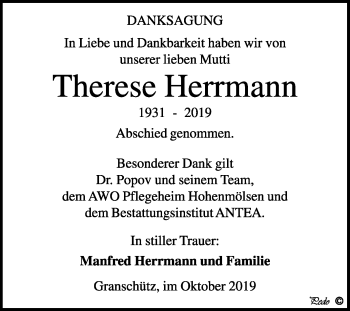 Traueranzeige von Therese Herrmann von Wochenspiegel Weißenfels