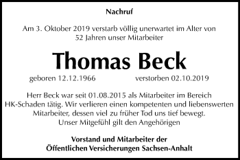 Traueranzeige von Thomas Beck von Mitteldeutsche Zeitung Halle/Saalkreis