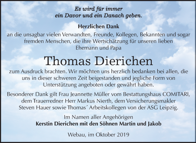  Traueranzeige für Thomas Dierichen vom 12.10.2019 aus Mitteldeutsche Zeitung Weißenfels