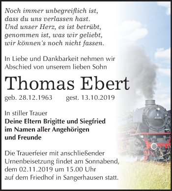 Traueranzeige von Thomas Ebert von Mitteldeutsche Zeitung Sangerhausen