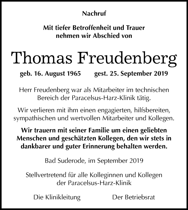  Traueranzeige für Thomas Freudenberg vom 05.10.2019 aus Super Sonntag Quedlinburg