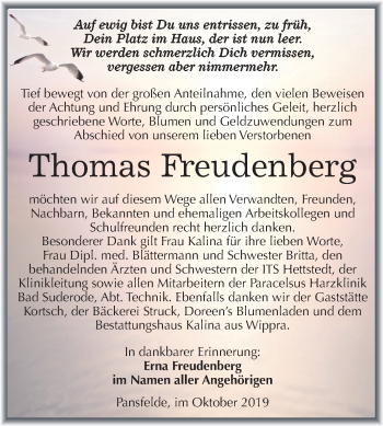 Traueranzeige von Thomas Freudenberg von Mitteldeutsche Zeitung Mansfelder Land