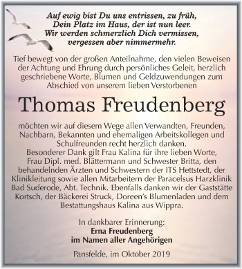 Traueranzeige von Thomas Freudenberg von Wochenspiegel Quedlinburg