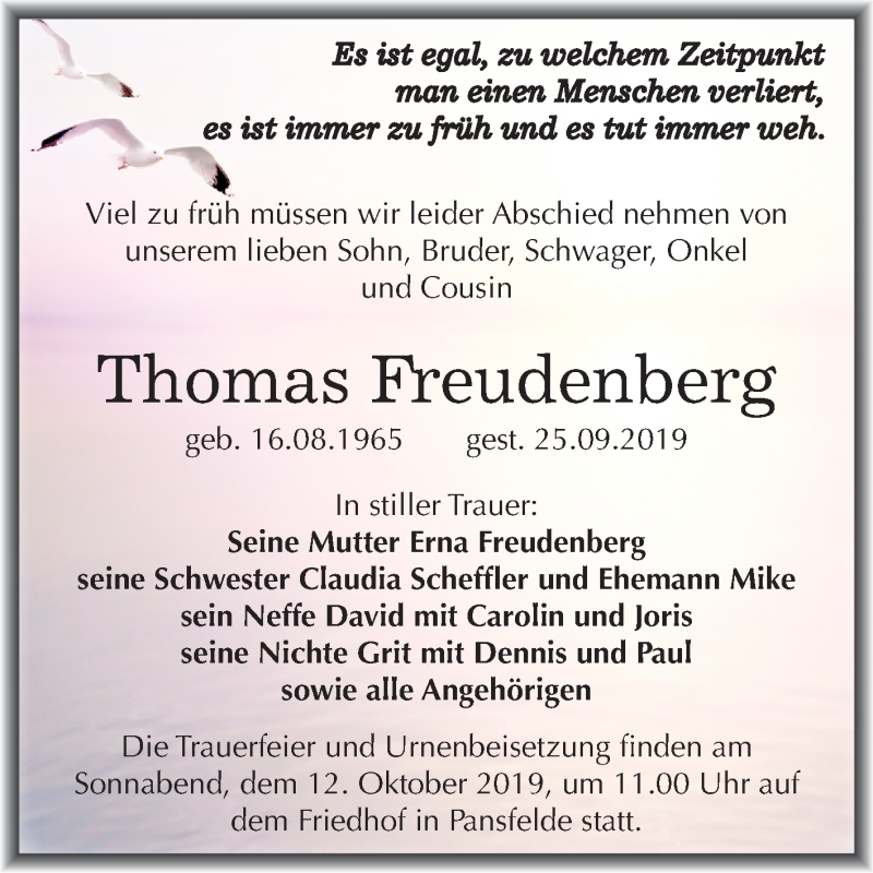  Traueranzeige für Thomas Freudenberg vom 02.10.2019 aus Mitteldeutsche Zeitung Quedlinburg