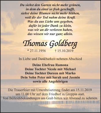 Traueranzeige von Thomas Goldberg von Mitteldeutsche Zeitung Bitterfeld