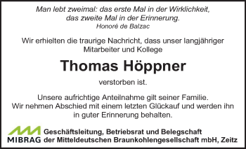 Traueranzeige von Thomas Höppner von Mitteldeutsche Zeitung Weißenfels