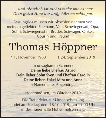 Traueranzeige von Thomas Höppner von Wochenspiegel Weißenfels
