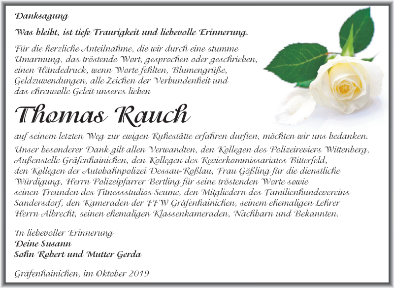  Traueranzeige für Thomas Rauch vom 26.10.2019 aus Mitteldeutsche Zeitung Bitterfeld / Wittenberg