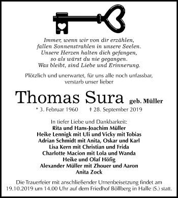 Traueranzeige von Thomas Sura von Mitteldeutsche Zeitung Halle/Saalkreis