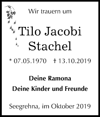 Traueranzeige von Tilo Jacobi Stachel von Mitteldeutsche Zeitung Wittenberg