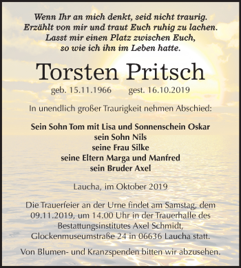 Traueranzeige von Torsten Pritsch von Wochenspiegel Naumburg/Nebra