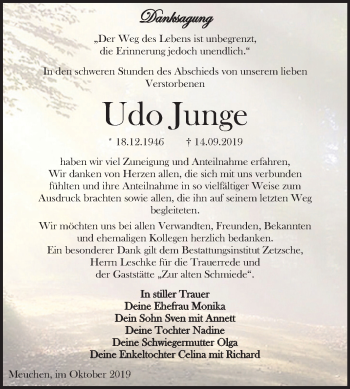 Traueranzeige von Udo Junge von Wochenspiegel Weißenfels