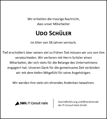 Traueranzeige von Udo Schüler von Mitteldeutsche Zeitung Halle/Saalkreis
