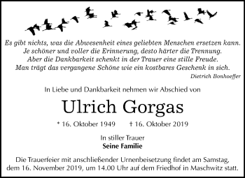 Traueranzeige von Ulrich Gorgas von Mitteldeutsche Zeitung Halle/Saalkreis