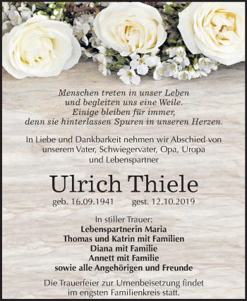 Traueranzeige von Ulrich Thiele von Mitteldeutsche Zeitung Mansfelder Land