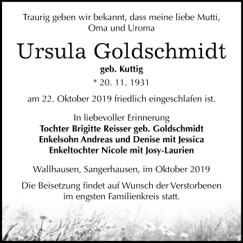 Traueranzeige von Ursula Goldschmidt von Mitteldeutsche Zeitung Sangerhausen