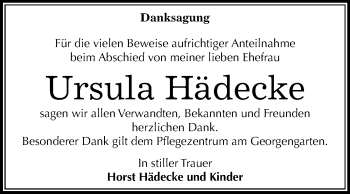 Traueranzeige von Ursula Hädecke von Super Sonntag Dessau-Roßlau