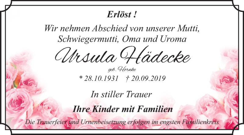  Traueranzeige für Ursula Hädecke vom 05.10.2019 aus Super Sonntag Dessau-Roßlau