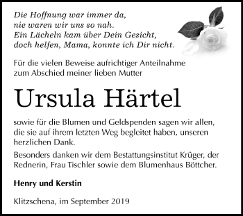 Traueranzeige von Ursula Härtel von Mitteldeutsche Zeitung Wittenberg