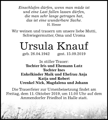 Traueranzeige von Ursula Knauf von Mitteldeutsche Zeitung Halle/Saalkreis