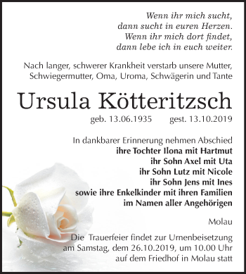 Traueranzeige von Ursula Kötteritzsch von Wochenspiegel Naumburg/Nebra