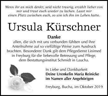 Traueranzeige von Ursula Kürschner von Wochenspiegel Naumburg/Nebra