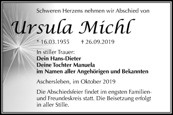 Traueranzeige von Ursula Michl von Mitteldeutsche Zeitung Aschersleben