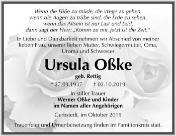Traueranzeige von Ursula Oßke von Super Sonntag Mansfelder Land
