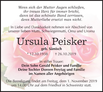 Traueranzeige von Ursula Peisker von Mitteldeutsche Zeitung Wittenberg