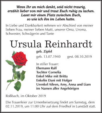 Traueranzeige von Ursula Reinhardt von Mitteldeutsche Zeitung Merseburg/Querfurt