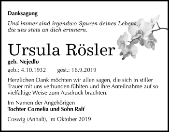 Traueranzeige von Ursula Rösler von Mitteldeutsche Zeitung Wittenberg