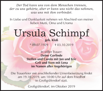 Traueranzeige von Ursula Schimpf von Mitteldeutsche Zeitung Merseburg/Querfurt