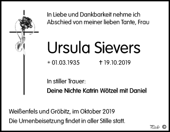 Traueranzeige von Ursula Sievers von Wochenspiegel Weißenfels