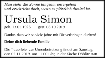 Traueranzeige von Ursula Simon von Mitteldeutsche Zeitung Halle/Saalkreis