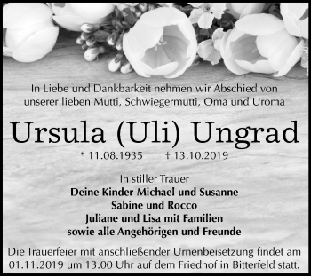 Traueranzeige von Ursula Ungrad von Mitteldeutsche Zeitung Bitterfeld