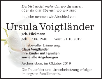 Traueranzeige von Ursula Voigtländer von Mitteldeutsche Zeitung Aschersleben