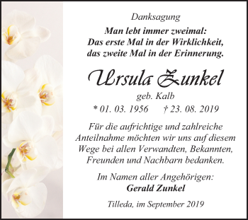 Traueranzeige von Ursula Zunkel von Super Sonntag Sangerhausen