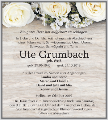 Traueranzeige von Ute Grumbach von Mitteldeutsche Zeitung Mansfelder Land