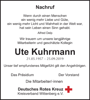 Traueranzeige von Ute Kuhrmann von Super Sonntag Wittenberg