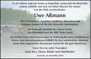 Traueranzeige von Uwe Aßmann von Super Sonntag Quedlinburg