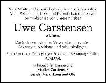 Traueranzeige von Uwe Carstensen von Wochenspiegel Mansfelder Land