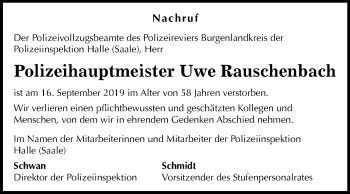 Traueranzeige von Uwe Rauschenbach von Mitteldeutsche Zeitung Zeitz