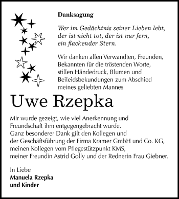 Traueranzeige von Uwe Rzepka von Mitteldeutsche Zeitung Wittenberg