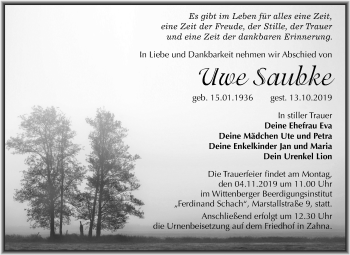 Traueranzeige von Uwe Saubke von Mitteldeutsche Zeitung Wittenberg