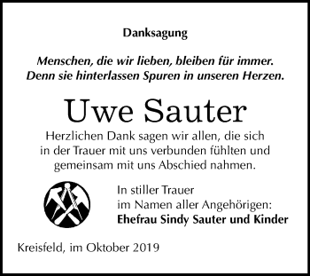 Traueranzeige von Uwe Sauter von Mitteldeutsche Zeitung Mansfelder Land