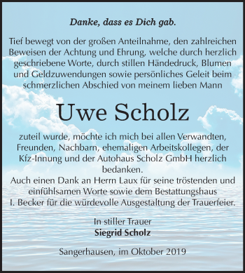 Traueranzeige von Uwe Scholz von Mitteldeutsche Zeitung Sangerhausen