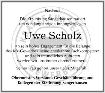 Traueranzeige von Uwe Scholz von Mitteldeutsche Zeitung Sangerhausen