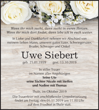 Traueranzeige von Uwe Siebert von Super Sonntag Quedlinburg