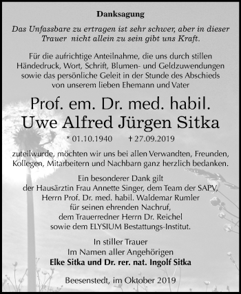 Traueranzeige von Uwe Alfred Jürgen Sitka von Mitteldeutsche Zeitung Halle/Saalkreis