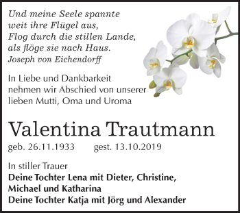 Traueranzeige von Valentina Trautmann von Mitteldeutsche Zeitung Halle/Saalkreis